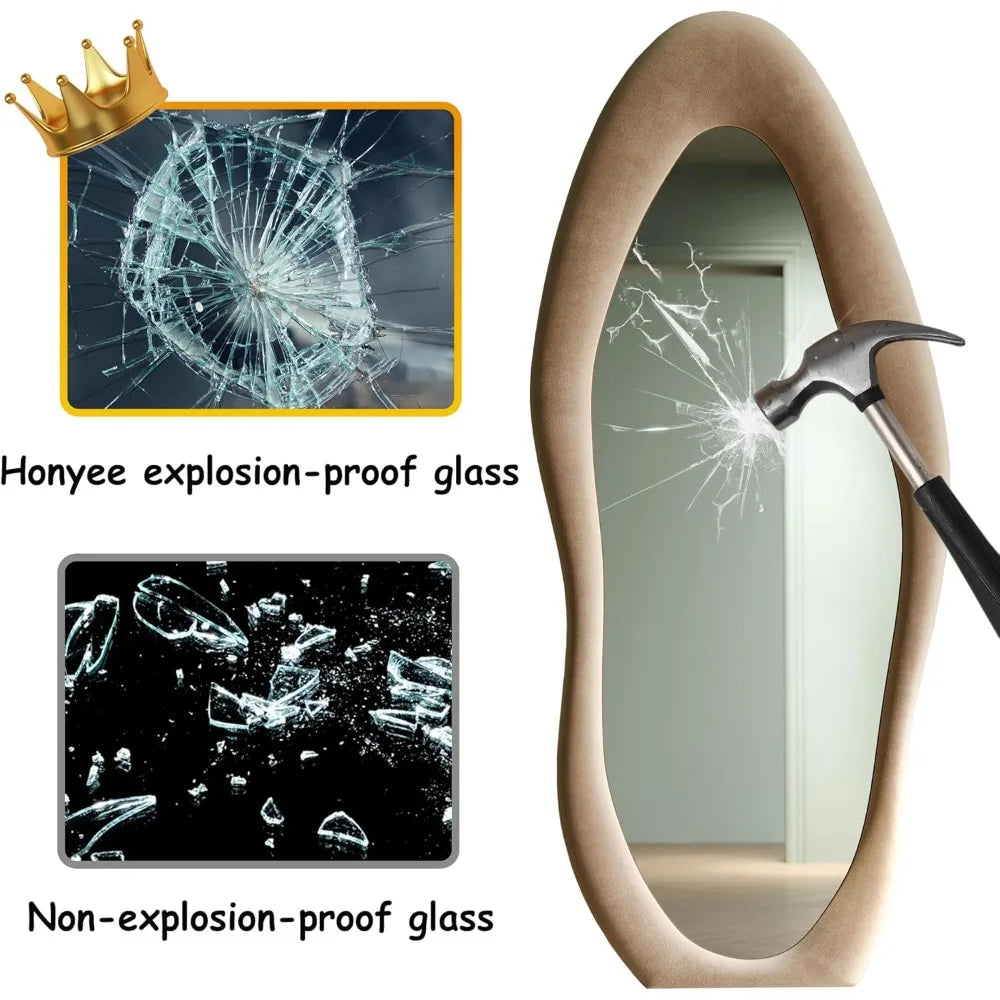 Full Length Mirror, 63 x 24 Wall Mirror, Flannel Wrapped Wooden Frame Floor Mirror, Irregular Wavy Mirror Hanging