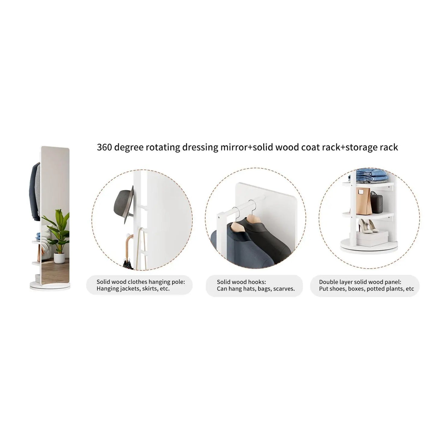360° Rotating 69"x16" Multifunctional Full Length Mirror with Hook Storage