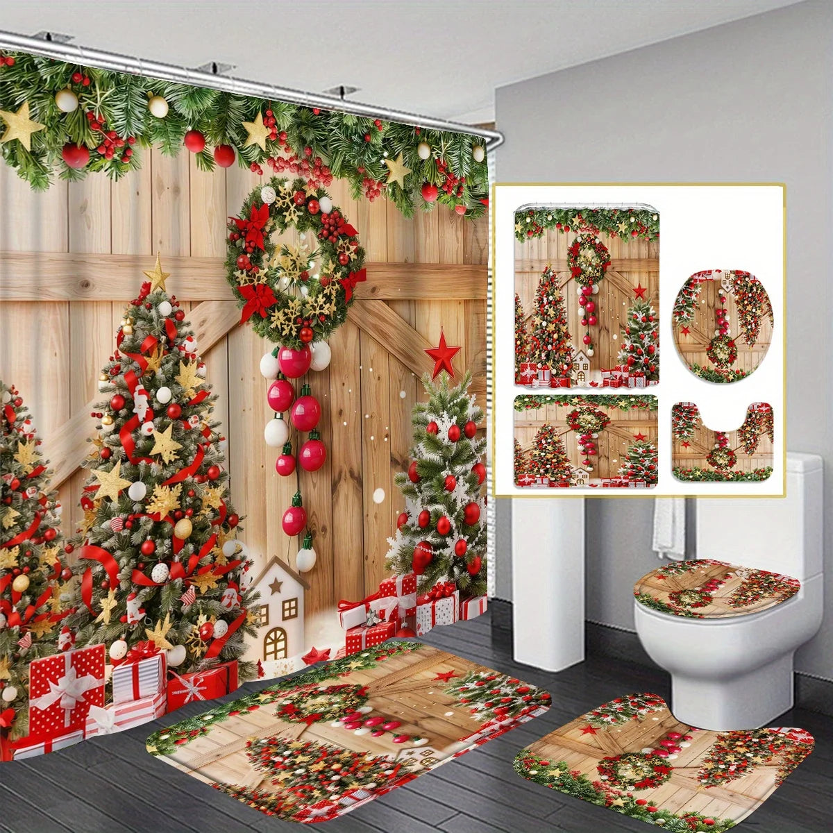Craft of Weaving Christmas Wreath Pattern Shower Curtain Set