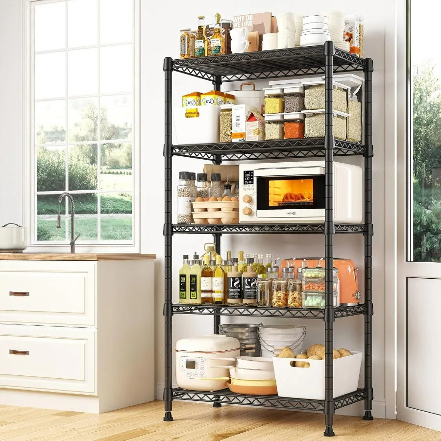 Adjustable Five Tier Wire Shelving Unit 1000 Lbs Capacity For Kitchen Pantry Office Storage Durable Black Steel