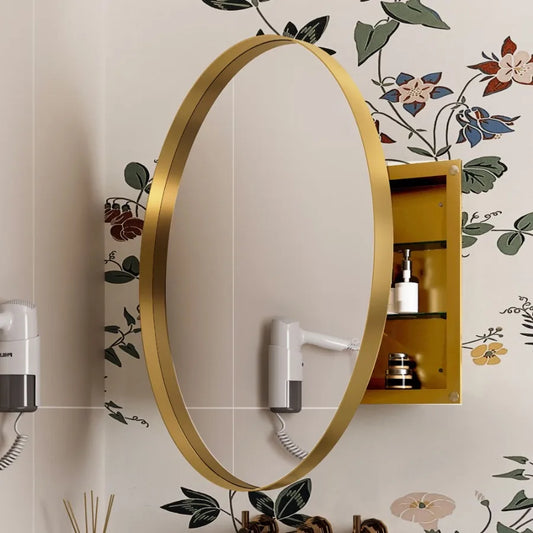 31.5 Inch Surface Mount Round Metal Framed Medicine Cabinet with Mirror and Adjustable Shelves Black Wall Mirror with Storage f