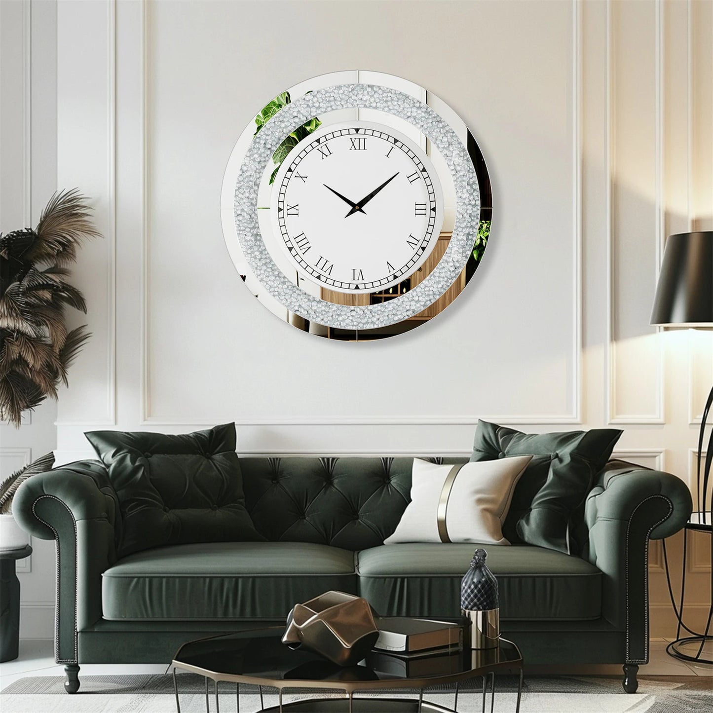 Combination Bling Silver Round Mirror Clock Wall Decor