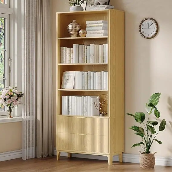 Six Tier Wooden Bookcase With Doors And Drawers Open Cabinets For Living Room Home Office