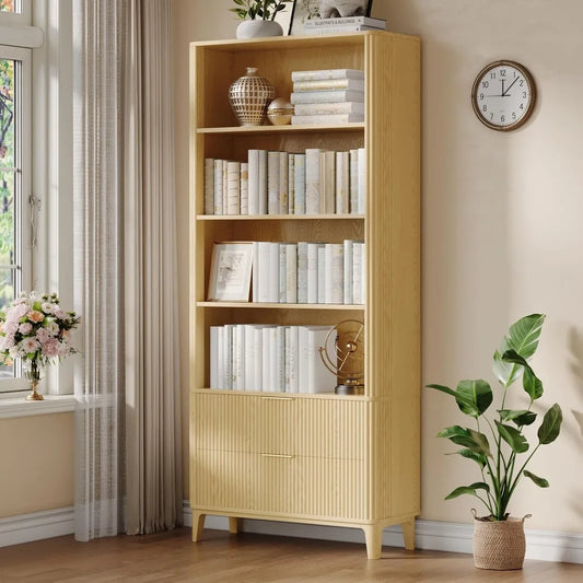 Six Tier Wooden Bookcase With Doors And Drawers Open Cabinets For Living Room Home Office