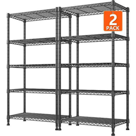 Adjustable Five Tier Wire Shelving Unit 1000 Lbs Capacity For Kitchen Pantry Office Storage Durable Black Steel
