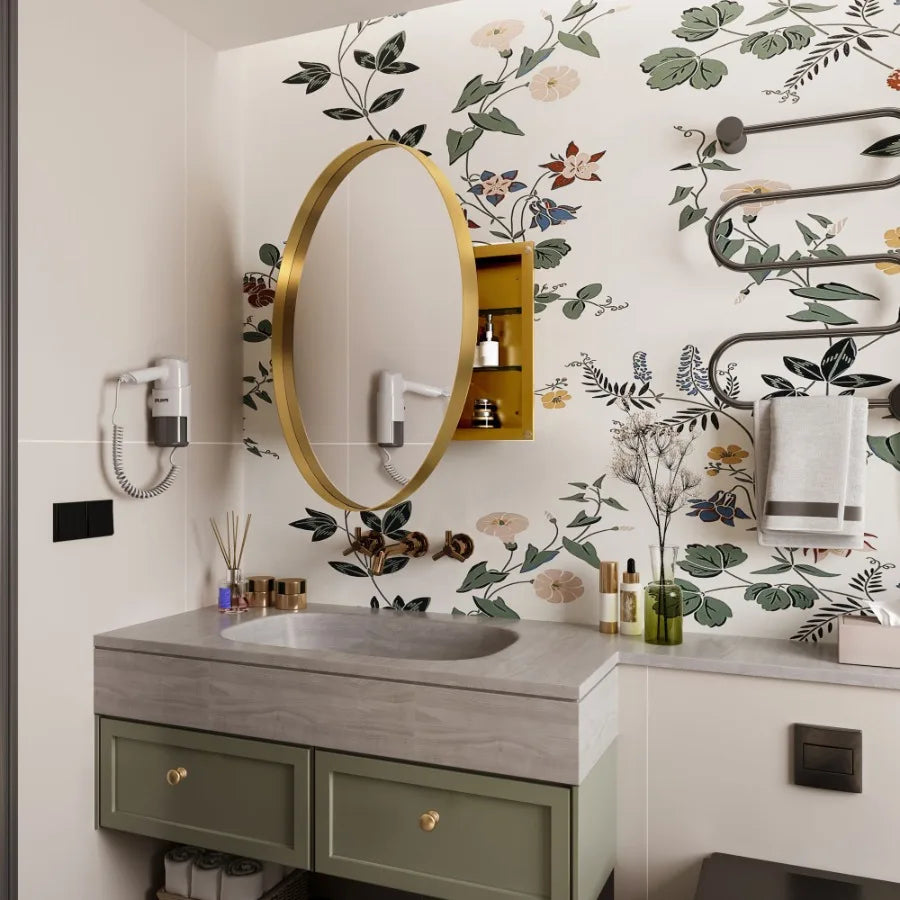 31.5 Inch Surface Mount Round Metal Framed Medicine Cabinet with Mirror and Adjustable Shelves Black Wall Mirror with Storage f