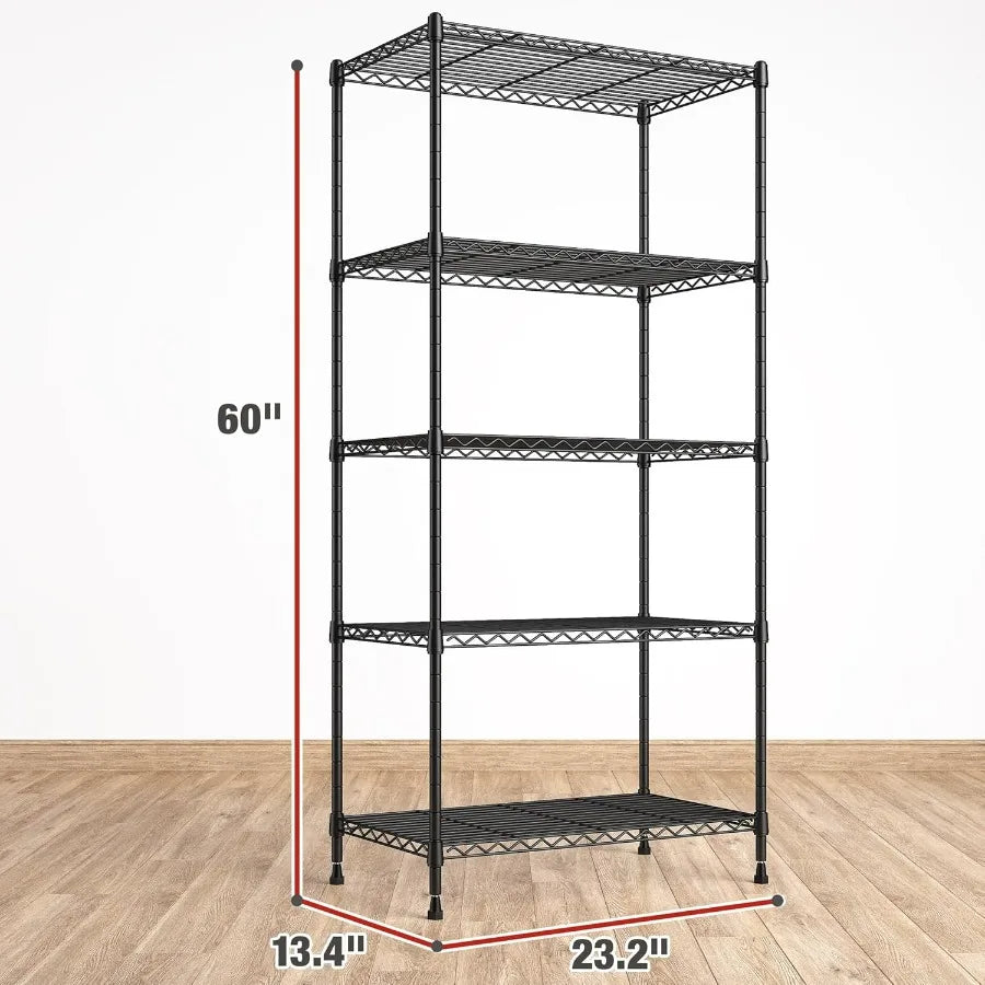 Adjustable Five Tier Wire Shelving Unit 1000 Lbs Capacity For Kitchen Pantry Office Storage Durable Black Steel