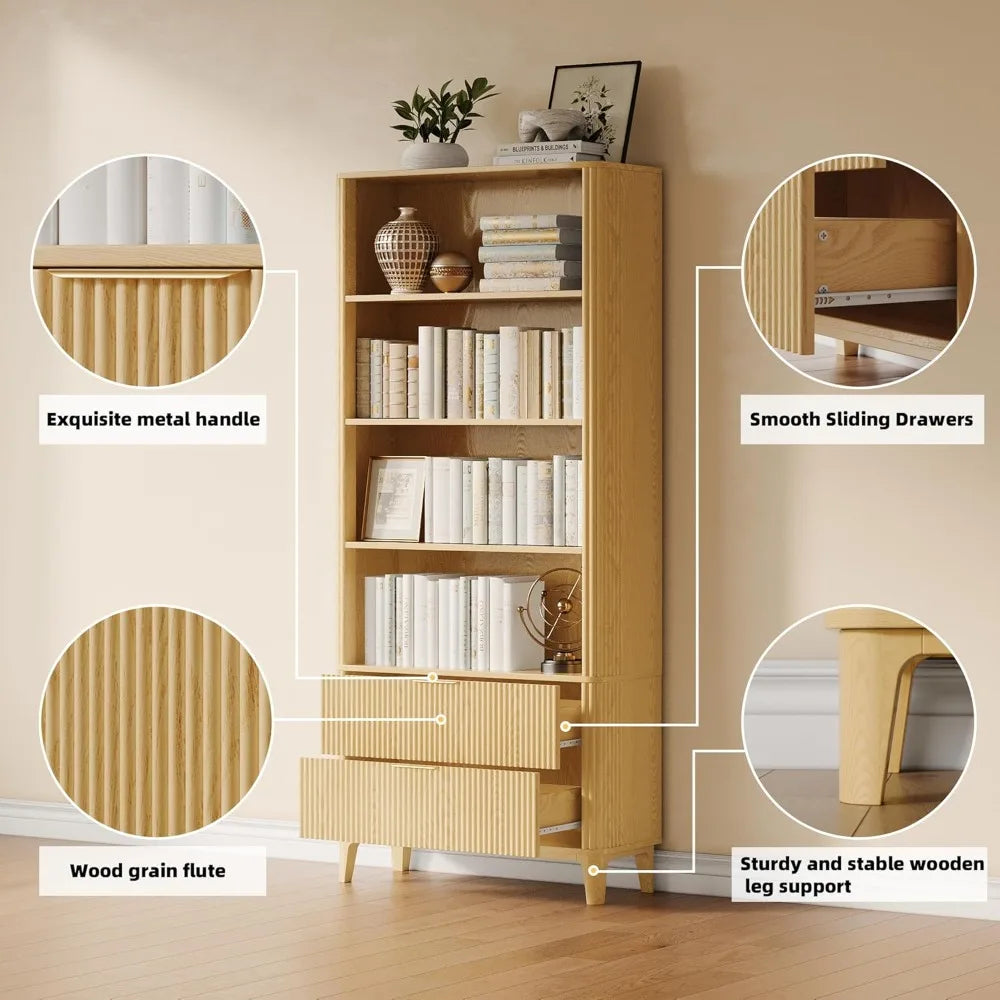 Six Tier Wooden Bookcase With Doors And Drawers Open Cabinets For Living Room Home Office