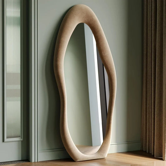 Full Length Mirror, 63 x 24 Wall Mirror, Flannel Wrapped Wooden Frame Floor Mirror, Irregular Wavy Mirror Hanging