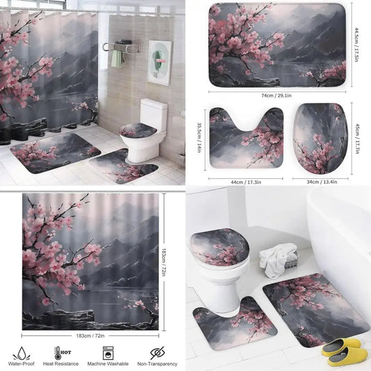 Antique Cherry Blossom Shower Curtain Set With Rug