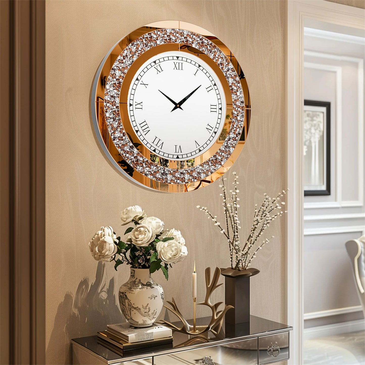 Combination Bling Silver Round Mirror Clock Wall Decor