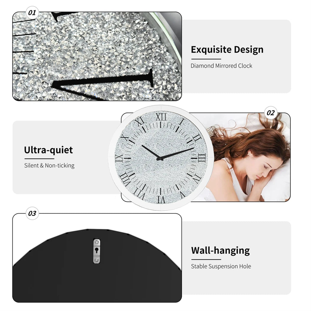 Combination Crushed Diamond Wall Clock Quartz With Roman Numerals