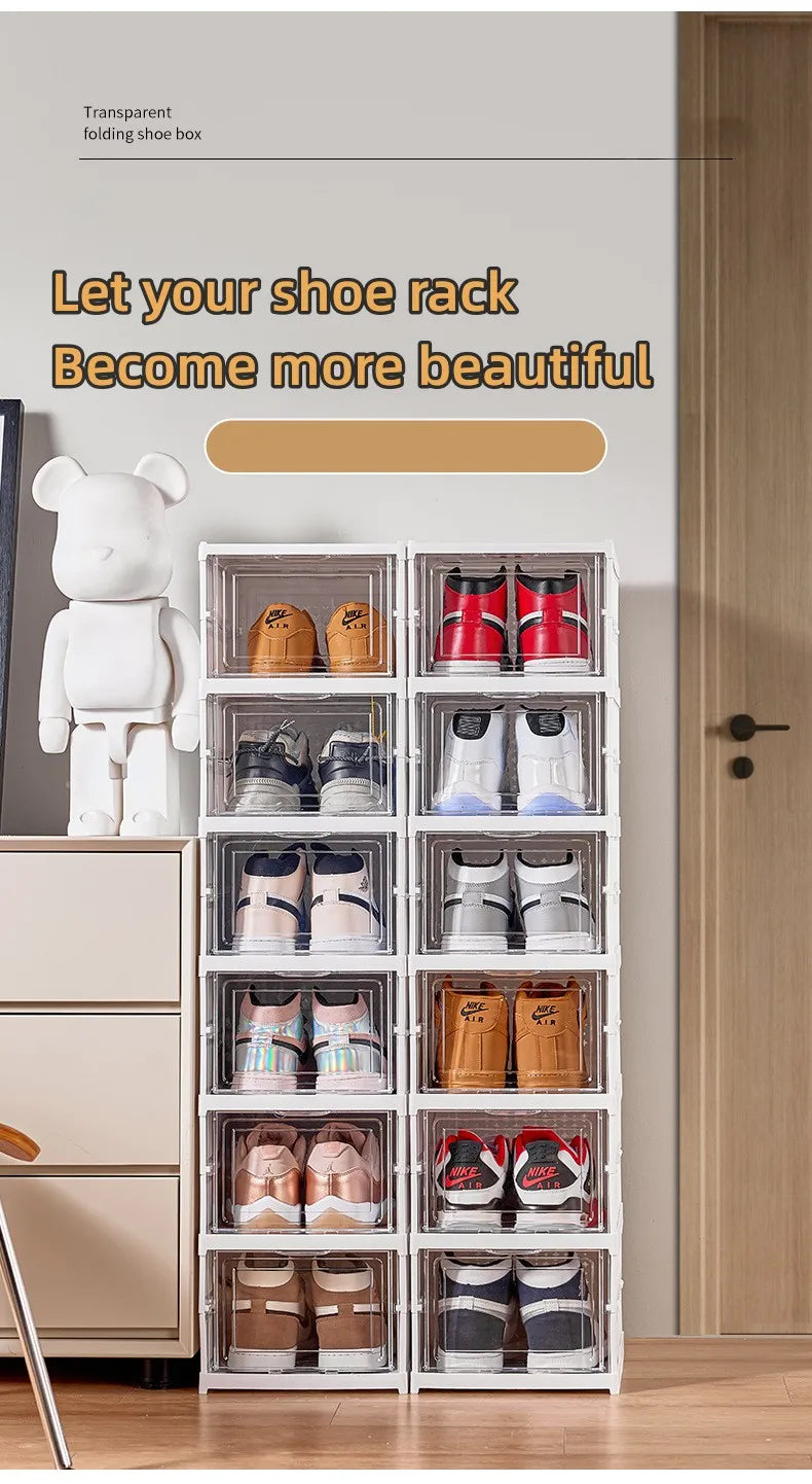 1x/2x Clear Shoes Cabinet Foldable Sneaker Shoes Storage Organizers Dustproof Thickening shoes Boxes High-top Shoe Rack Shelf