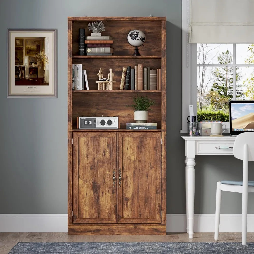 Five Tier Floor Standing Bookshelf With Cabinet And Adjustable Shelves