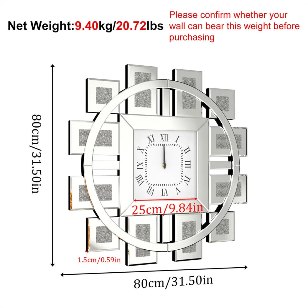Combination Crushed Diamond Mirrored Wall Clock Quartz Movement