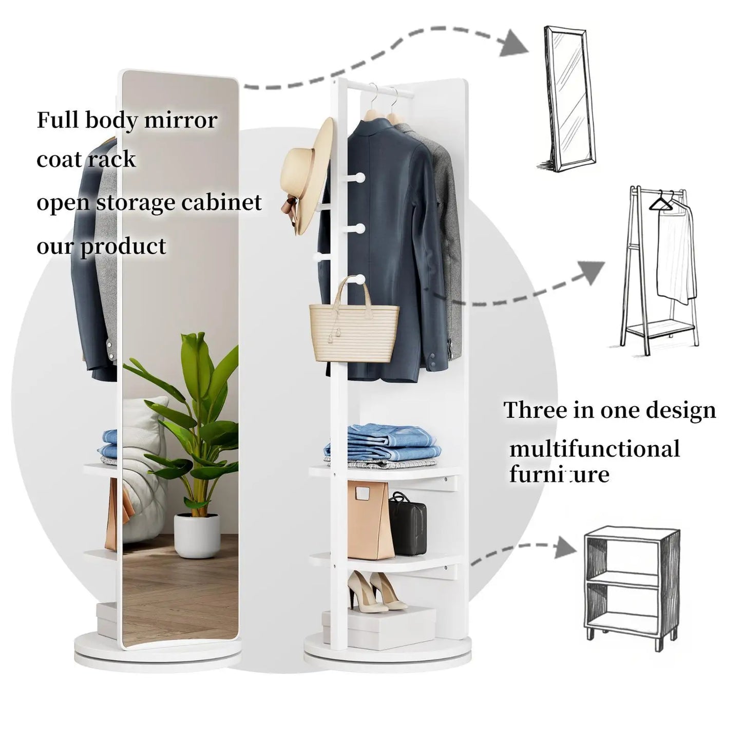 360° Rotating 69"x16" Multifunctional Full Length Mirror with Hook Storage