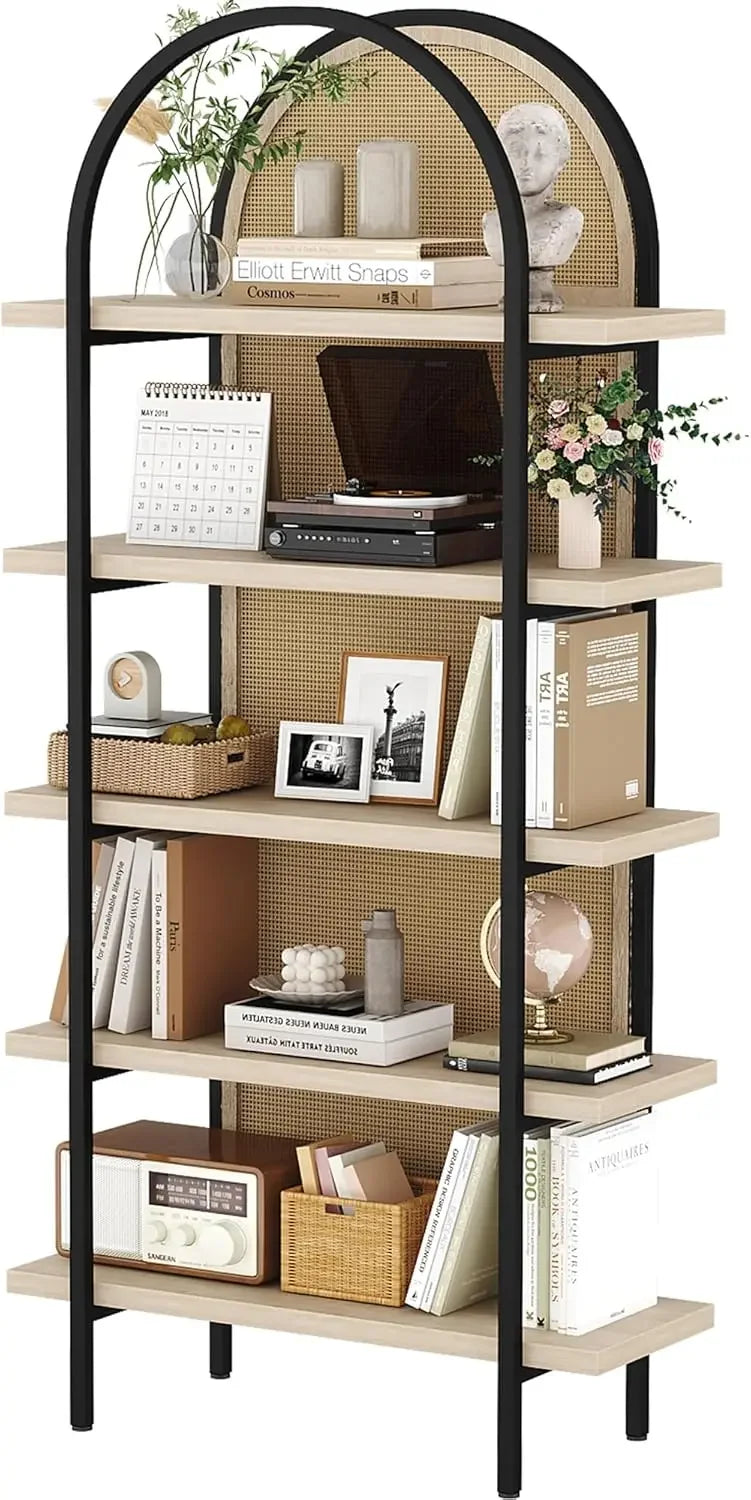 XMSJ Bookshelf Rattan 5 Tier Arched Bookcase Industrial Open Shelves Metal Frame for Living Room