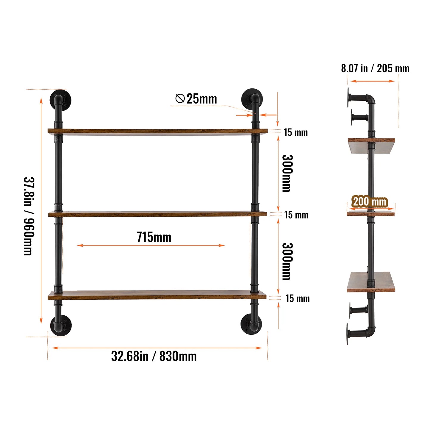 Industrial Pipe Shelf Wall Mount Rack Rustic Wood Bracket