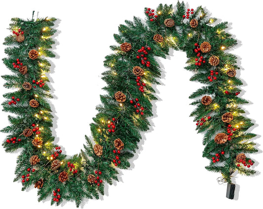 Joyfy Prelit Christmas Garland with LED Lights Pine Cones