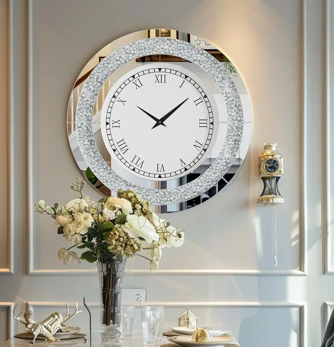 Combination Bling Silver Round Mirror Clock For Home Decor