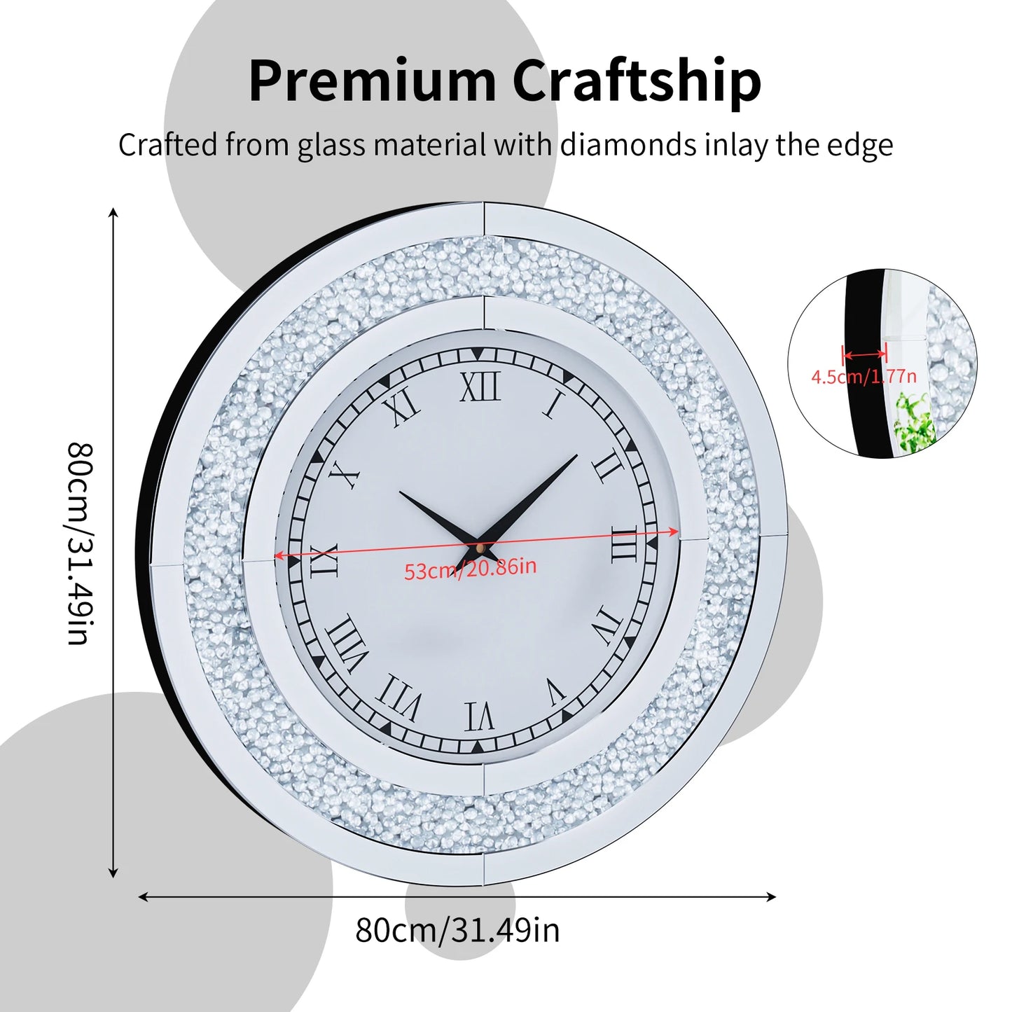 Combination Bling Silver Round Mirror Clock Wall Decor