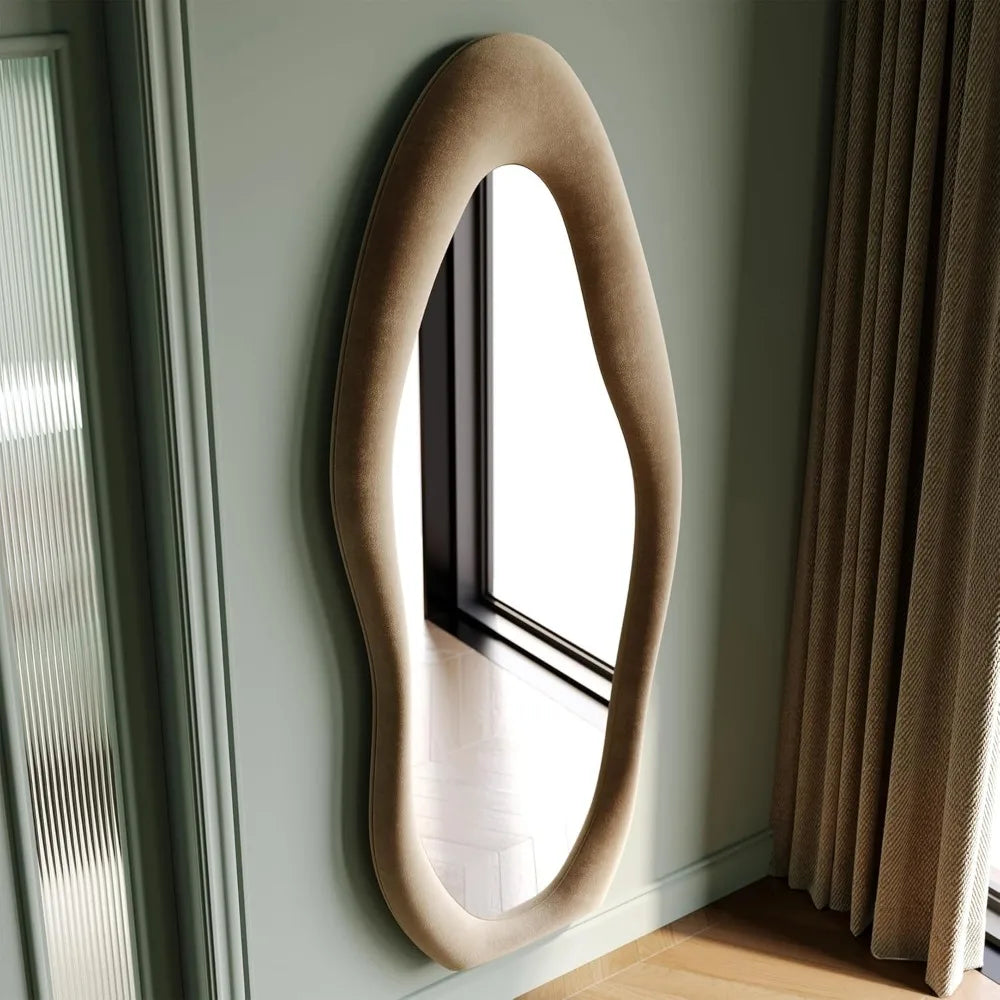 Full Length Mirror, 63 x 24 Wall Mirror, Flannel Wrapped Wooden Frame Floor Mirror, Irregular Wavy Mirror Hanging