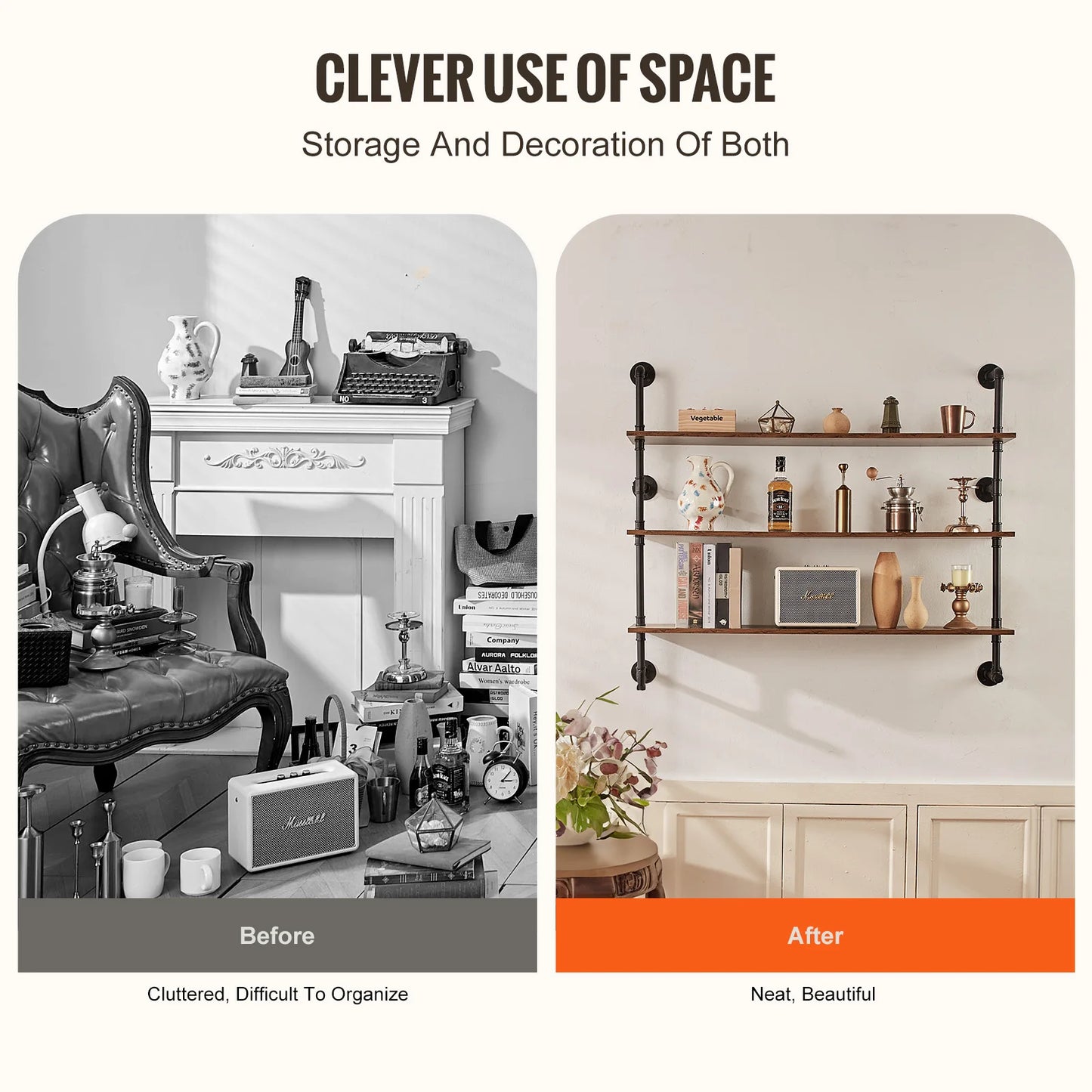 Industrial Pipe Shelf Wall Mount Rack Rustic Wood Bracket