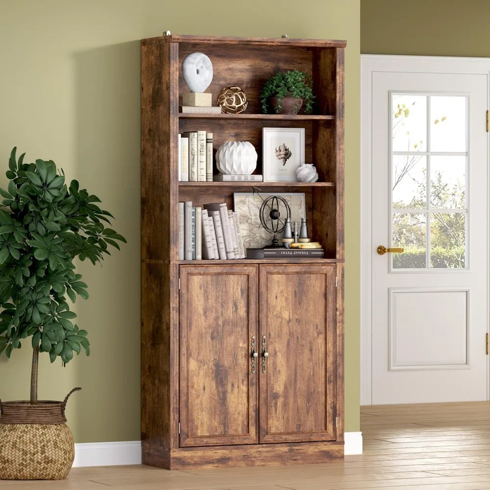 Five Tier Floor Standing Bookshelf With Cabinet And Adjustable Shelves