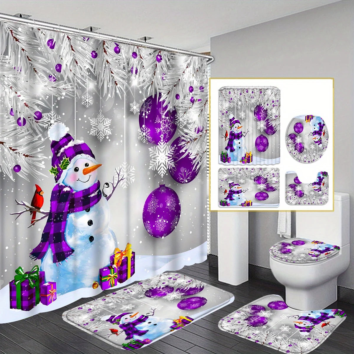Craft of Weaving Christmas Shower Curtain Set Four-Piece Snowman Pattern