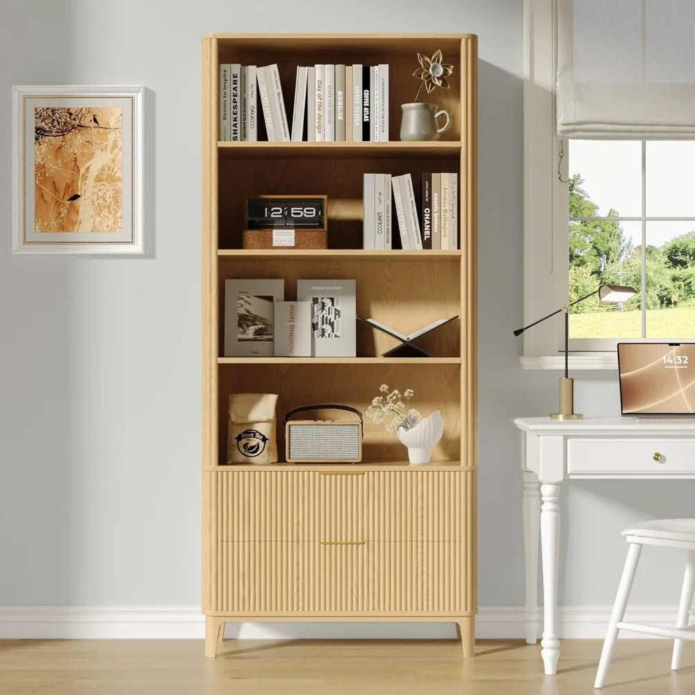 Six Tier Wooden Bookcase With Doors And Drawers Open Cabinets For Living Room Home Office