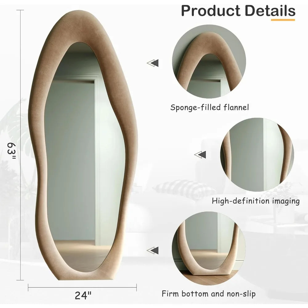 Full Length Mirror, 63 x 24 Wall Mirror, Flannel Wrapped Wooden Frame Floor Mirror, Irregular Wavy Mirror Hanging