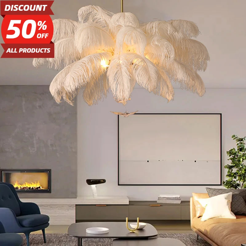 Nordic Ostrich Feather Pendant Lights Led Chandelier For Living Room