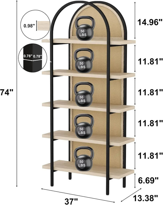 XMSJ Bookshelf Rattan 5 Tier Arched Bookcase Industrial Open Shelves Metal Frame for Living Room