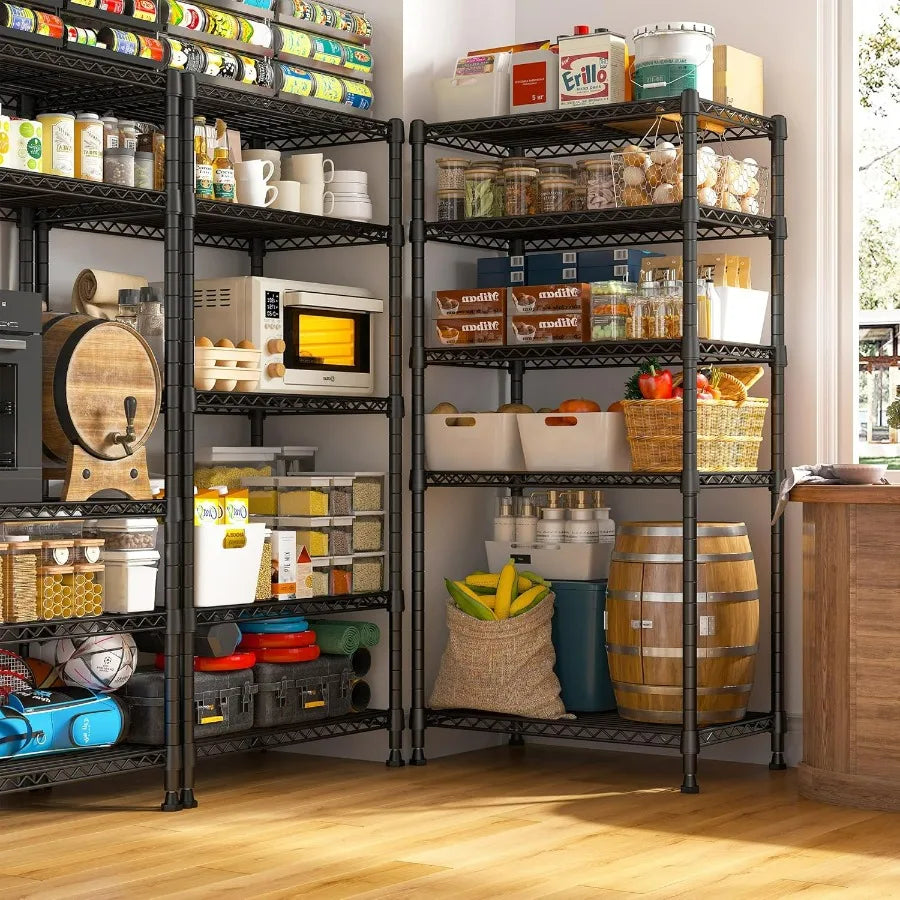 Adjustable Five Tier Wire Shelving Unit 1000 Lbs Capacity For Kitchen Pantry Office Storage Durable Black Steel