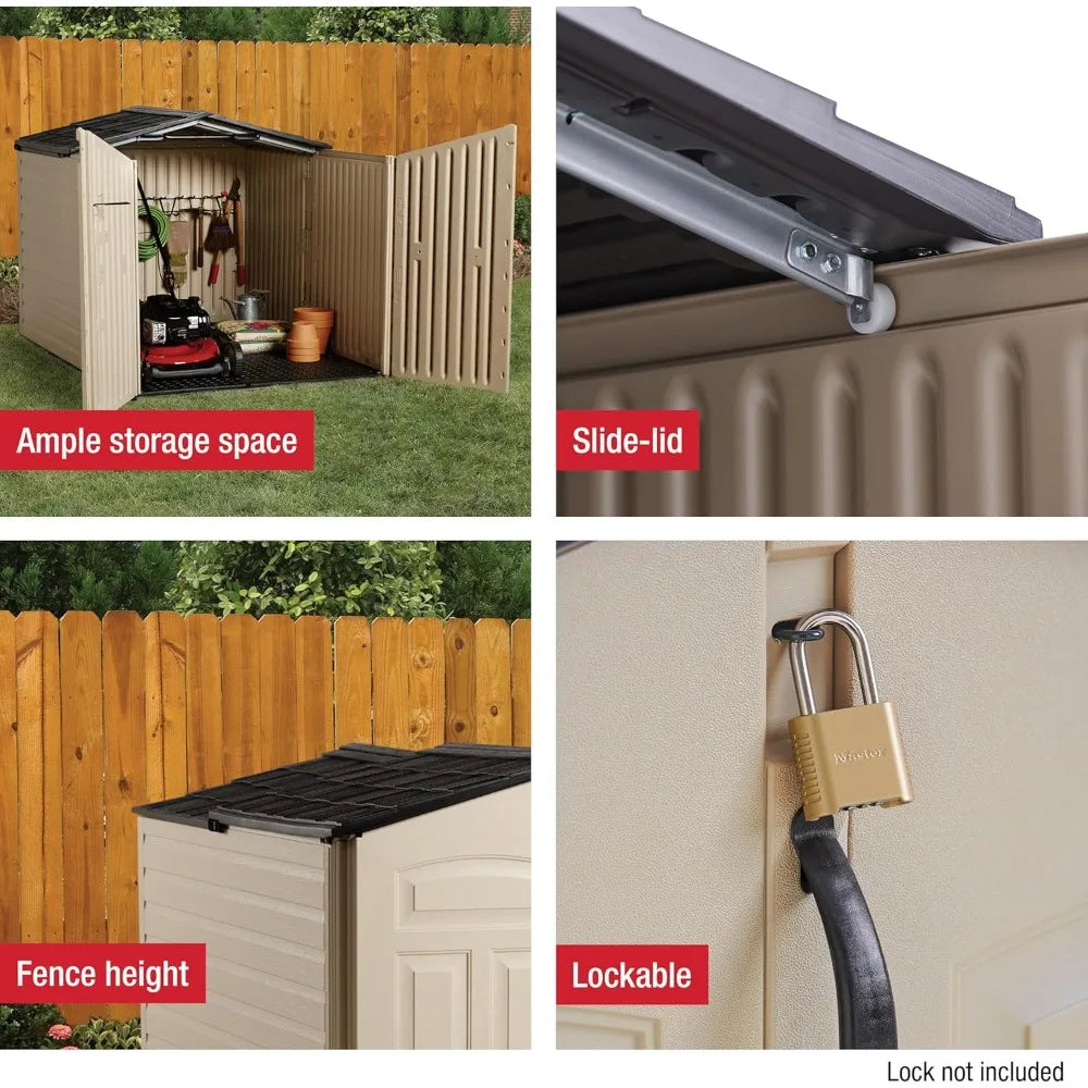 Customizable-Slide-Lid Resin Outdoor Storage Shed (5 X 6.5 Ft),Weather Resistant, Beige/Brown, Organization For Home/Backyard/Ga