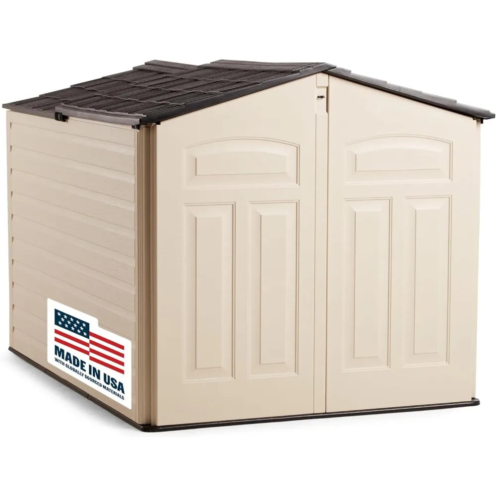 Customizable-Slide-Lid Resin Outdoor Storage Shed (5 X 6.5 Ft),Weather Resistant, Beige/Brown, Organization For Home/Backyard/Ga