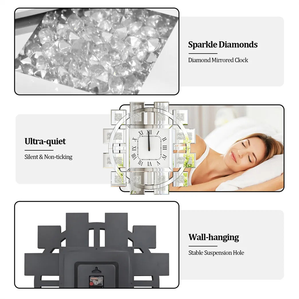 Combination Crushed Diamond Mirrored Wall Clock Quartz Movement