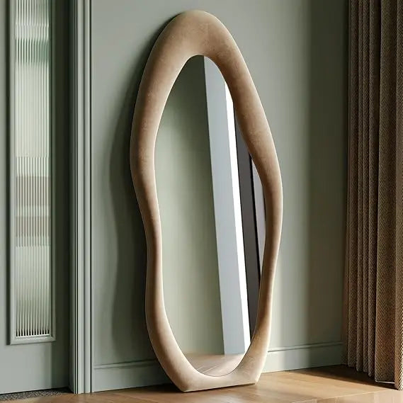 Full Length Mirror, 63 x 24 Wall Mirror, Flannel Wrapped Wooden Frame Floor Mirror, Irregular Wavy Mirror Hanging