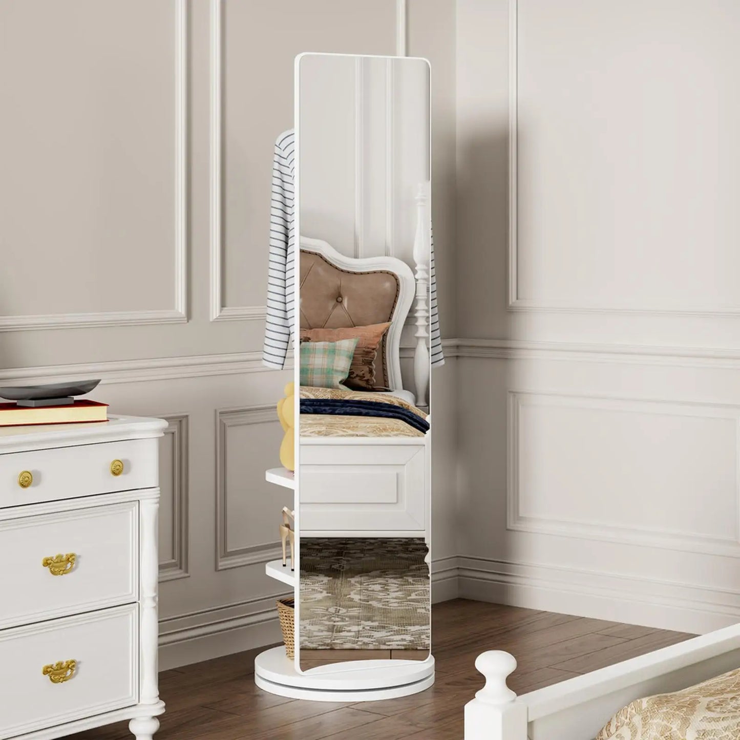360° Rotating 69"x16" Multifunctional Full Length Mirror with Hook Storage