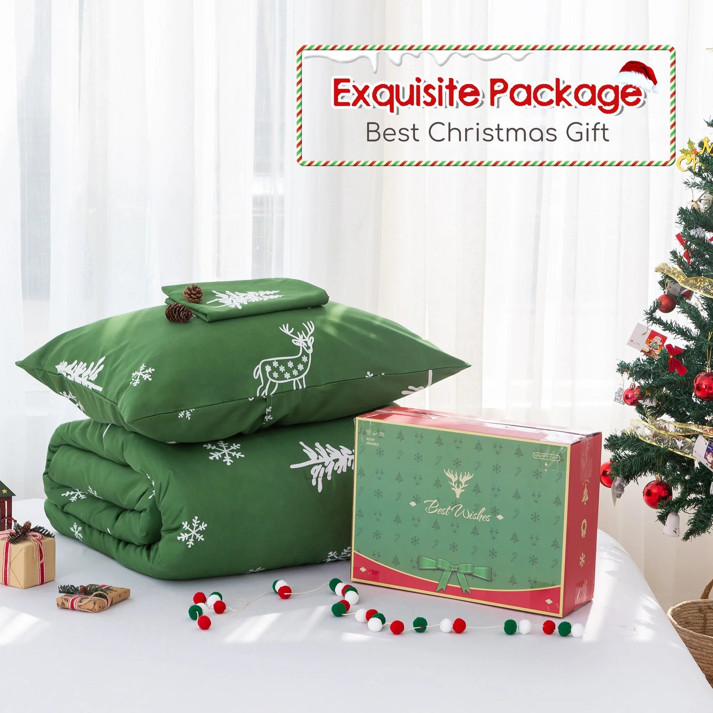 Soft PolyCotton Comforter Set Christmas Reindeer Bedding With Sham