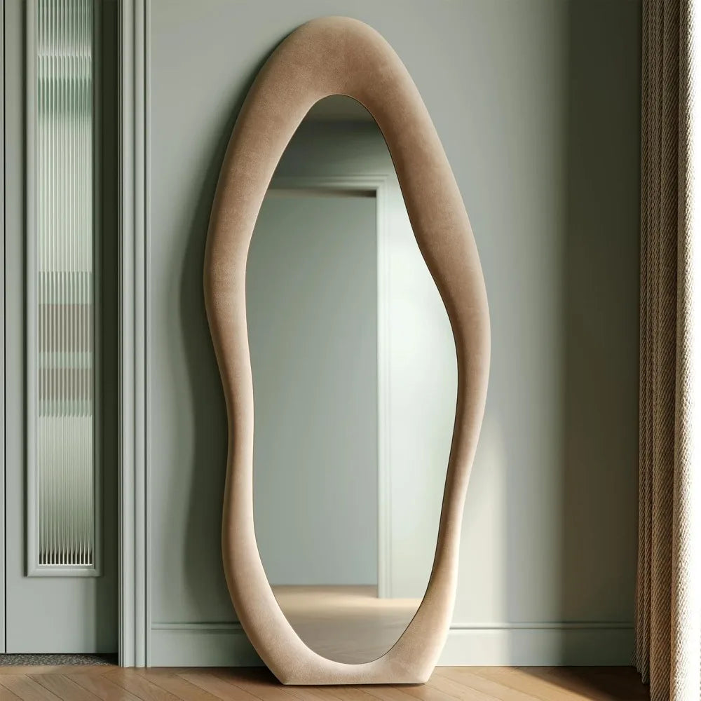 Full Length Mirror, 63 x 24 Wall Mirror, Flannel Wrapped Wooden Frame Floor Mirror, Irregular Wavy Mirror Hanging