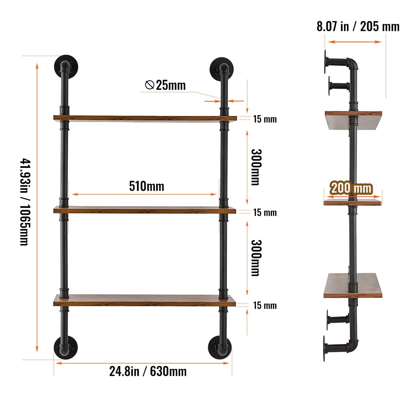 Industrial Pipe Shelf Wall Mount Rack Rustic Wood Bracket