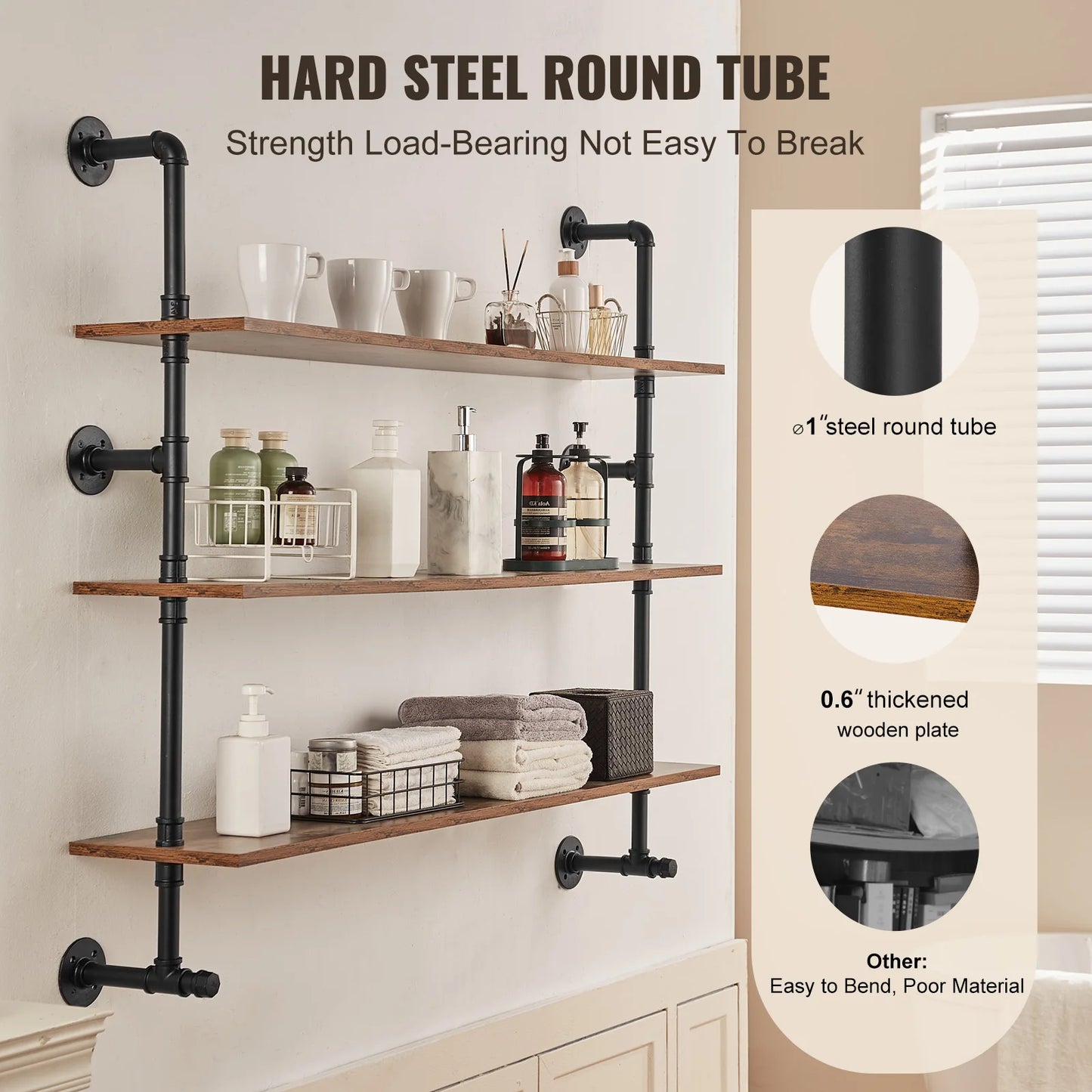 Industrial Pipe Shelf Wall Mount Rack Rustic Wood Bracket
