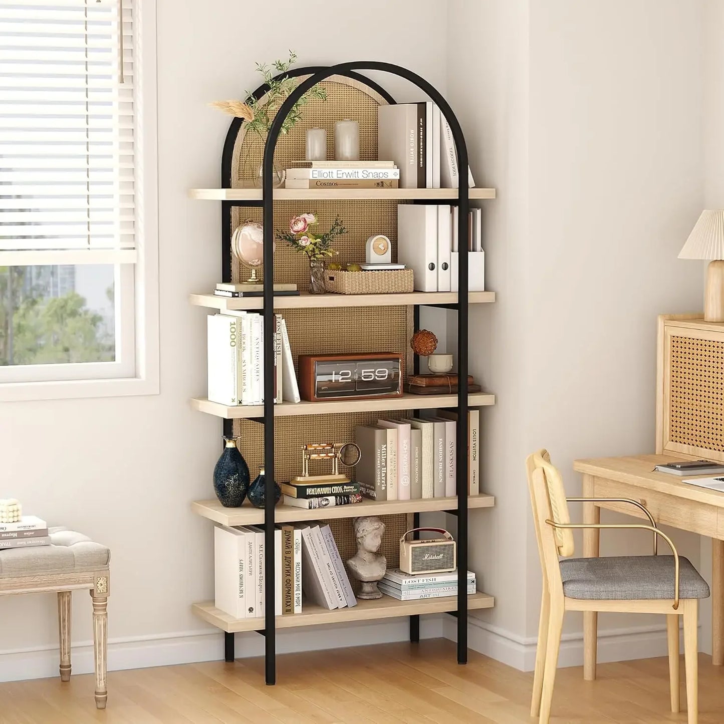 XMSJ Bookshelf Rattan 5 Tier Arched Bookcase Industrial Open Shelves Metal Frame for Living Room
