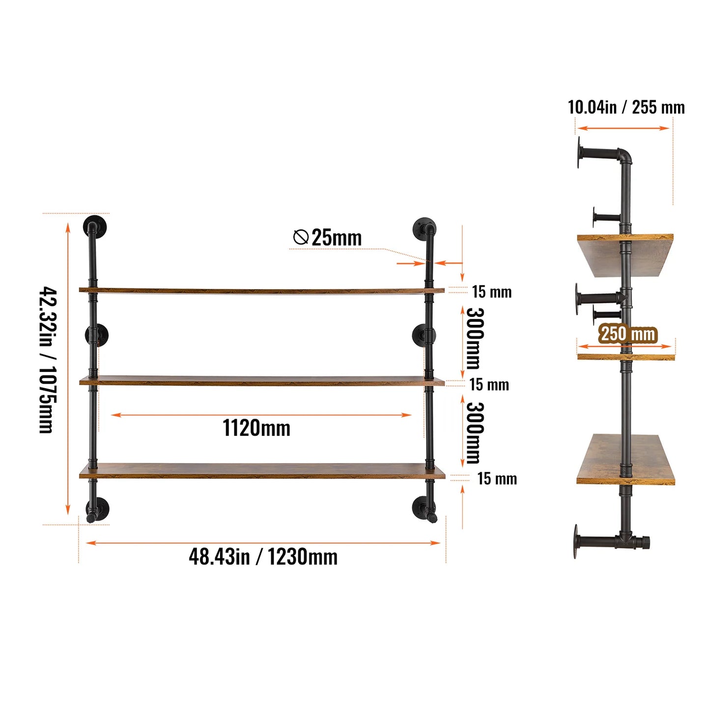 Industrial Pipe Shelf Wall Mount Rack Rustic Wood Bracket