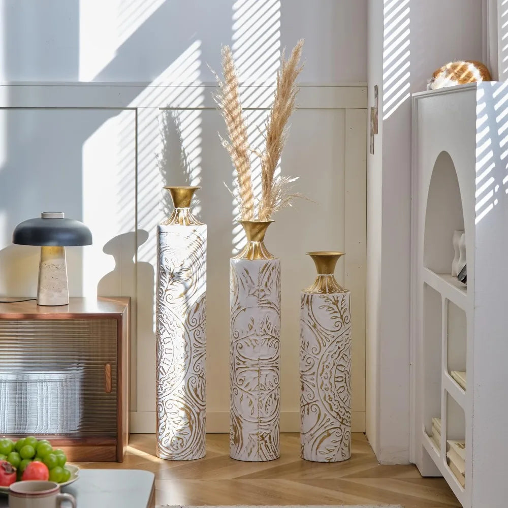 Three Piece Modern Metal Vases For Elegant Floor Decor