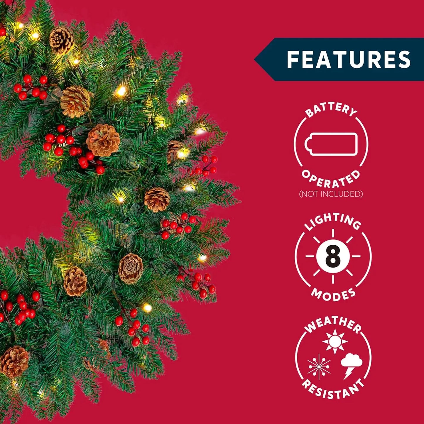 Joyfy Prelit Christmas Garland with LED Lights Pine Cones