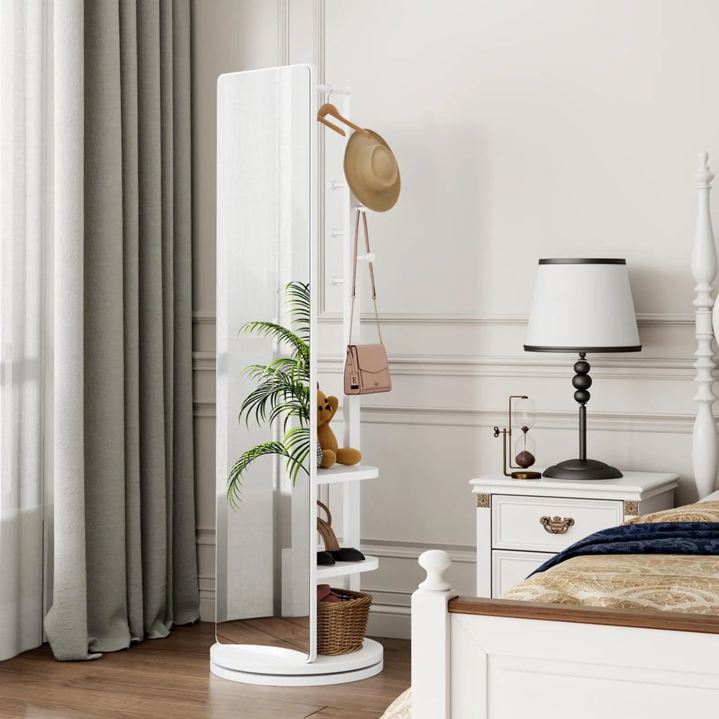 360° Rotating 69"x16" Multifunctional Full Length Mirror with Hook Storage