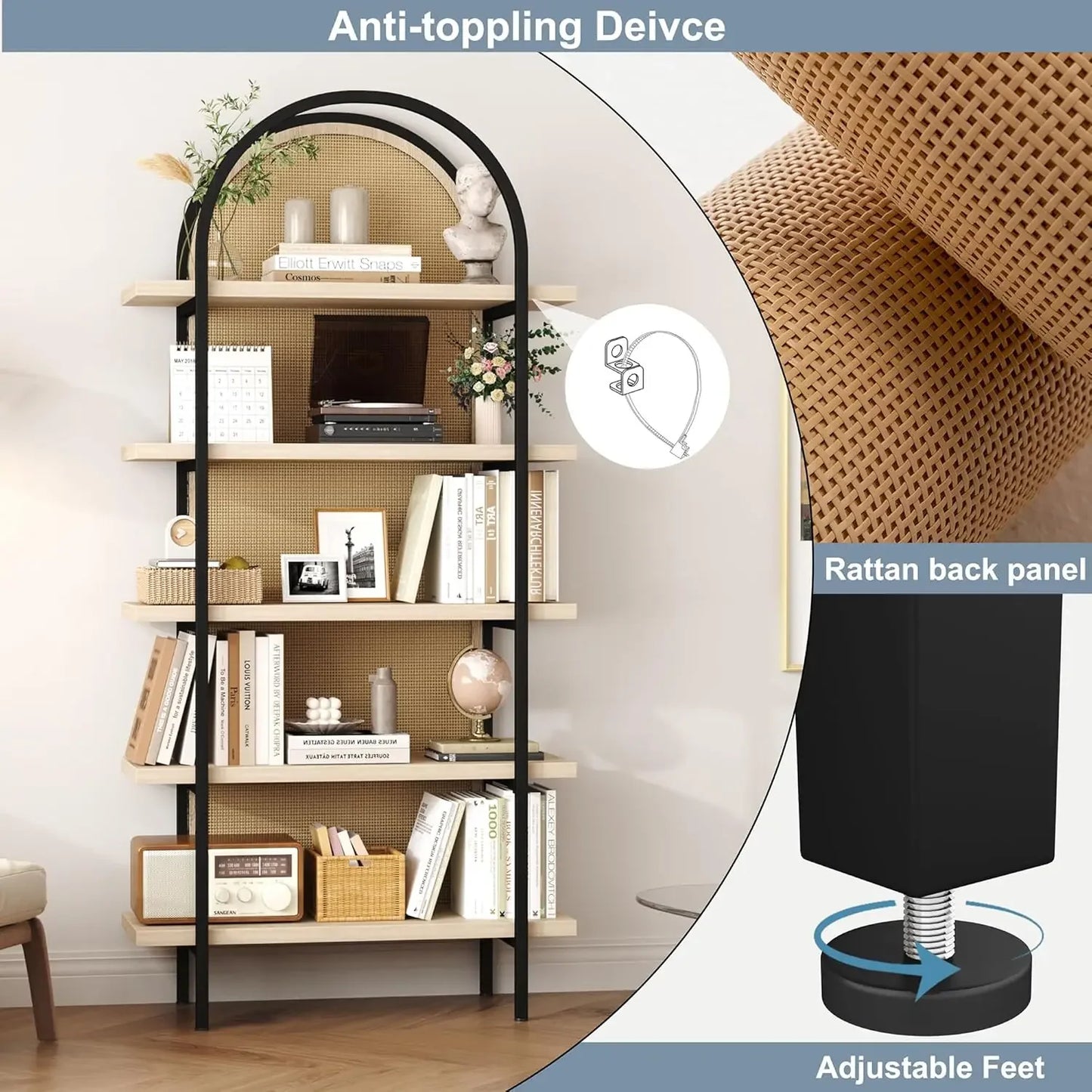 XMSJ Bookshelf Rattan 5 Tier Arched Bookcase Industrial Open Shelves Metal Frame for Living Room