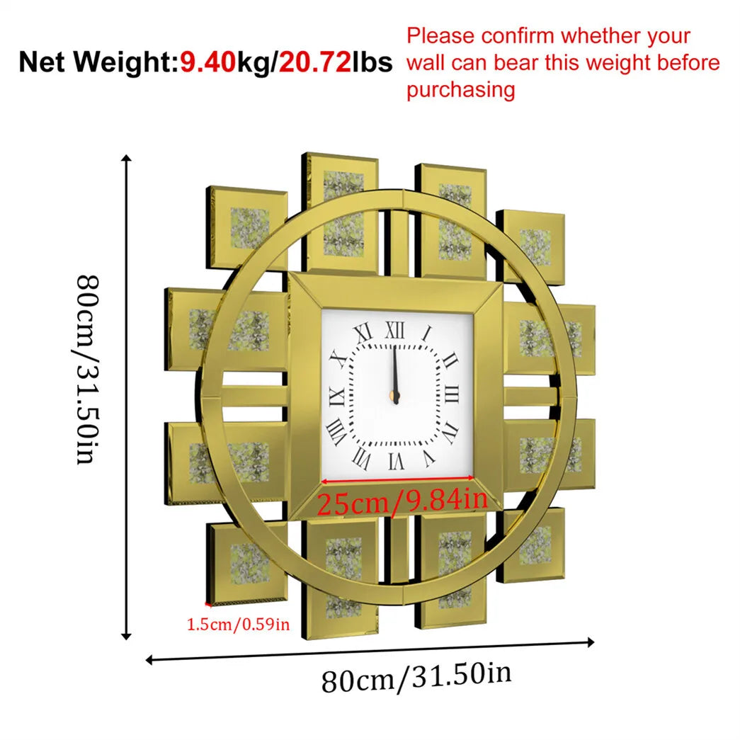 Combination Crushed Diamond Mirrored Wall Clock Quartz Movement